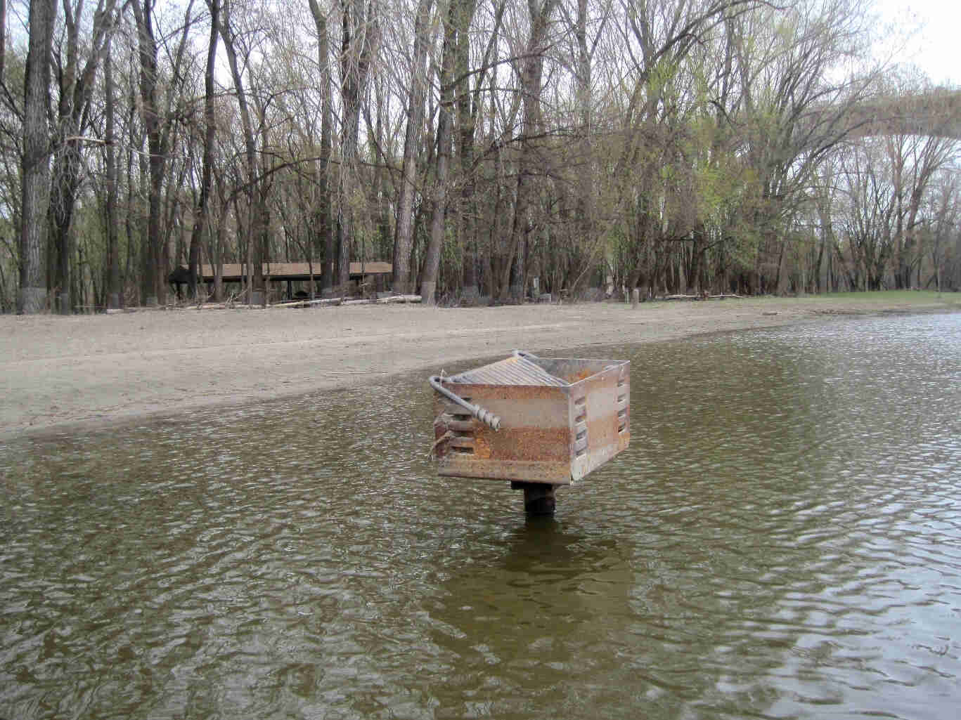 View front a river, with a park grill standing in a flooded water, with a sand bank and bare trees in the background 